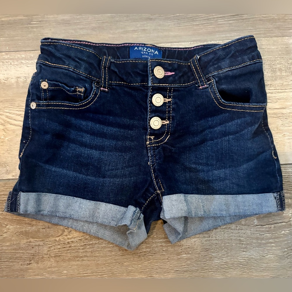 Arizona Jean Co Button Fly Denim Shorts Girls Size 10 Dark Wash Adjustable Waist